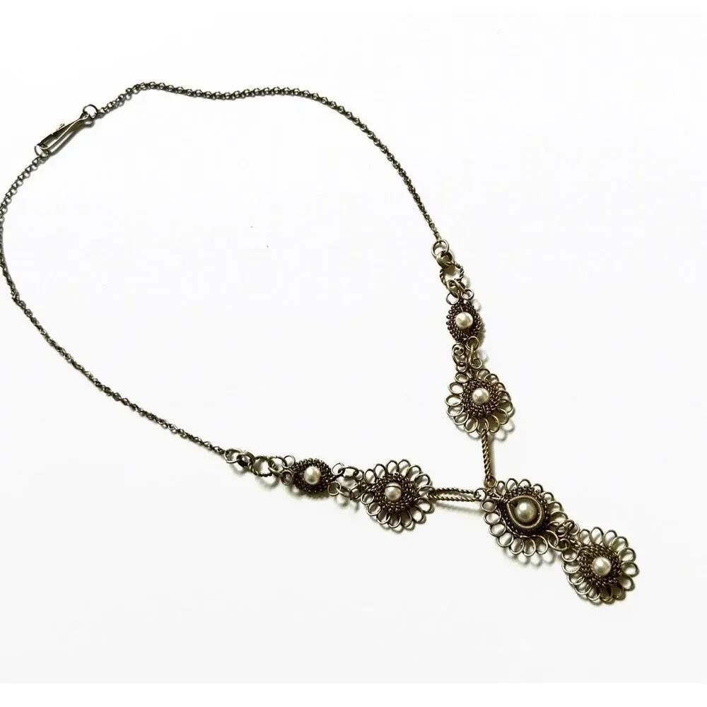 Vintage Filigree Silver Tone  faux pearl Necklace - Picture 3 of 9